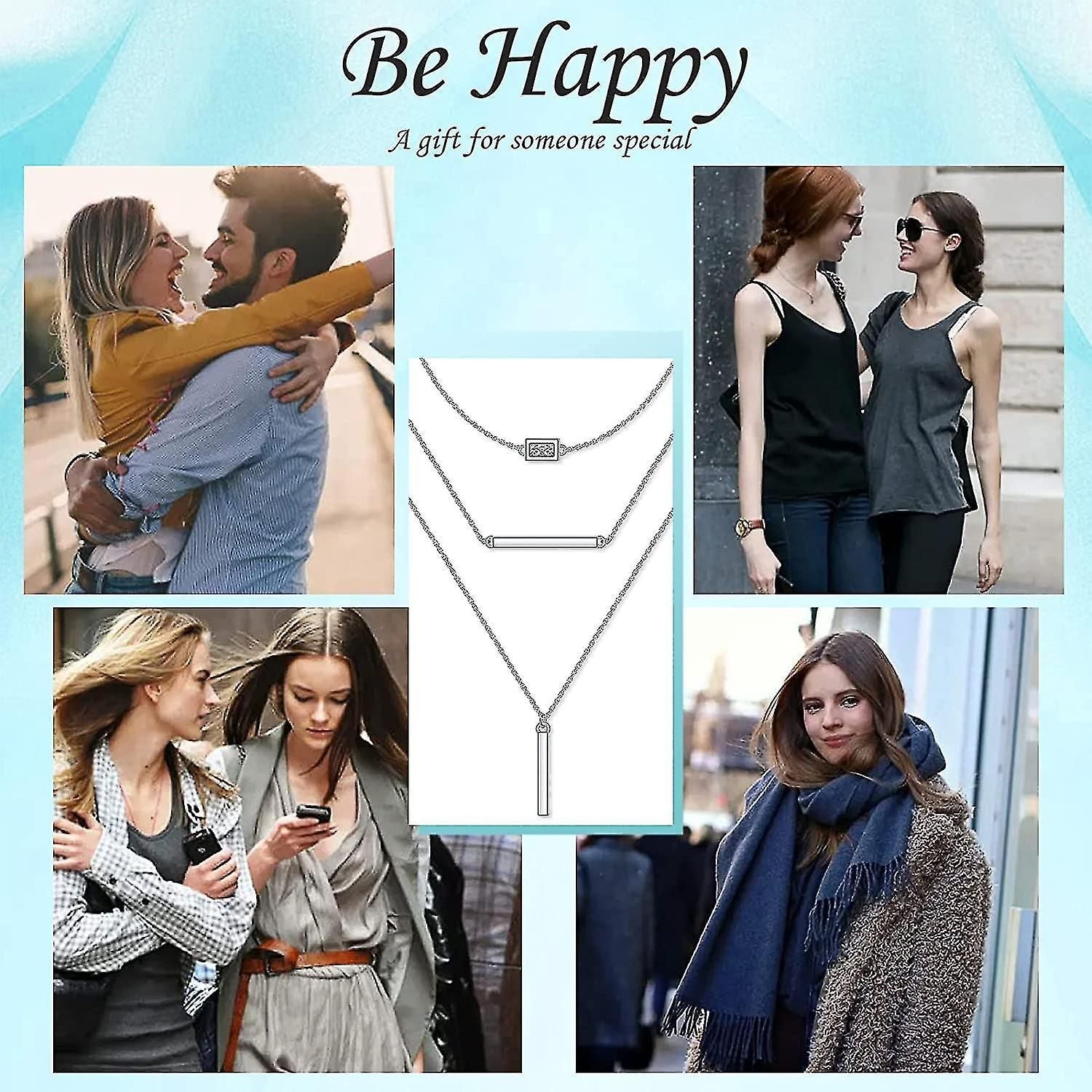 S925 Sterling Silver Multilayer Layered Triple Long Chain Pendant Necklace For Women