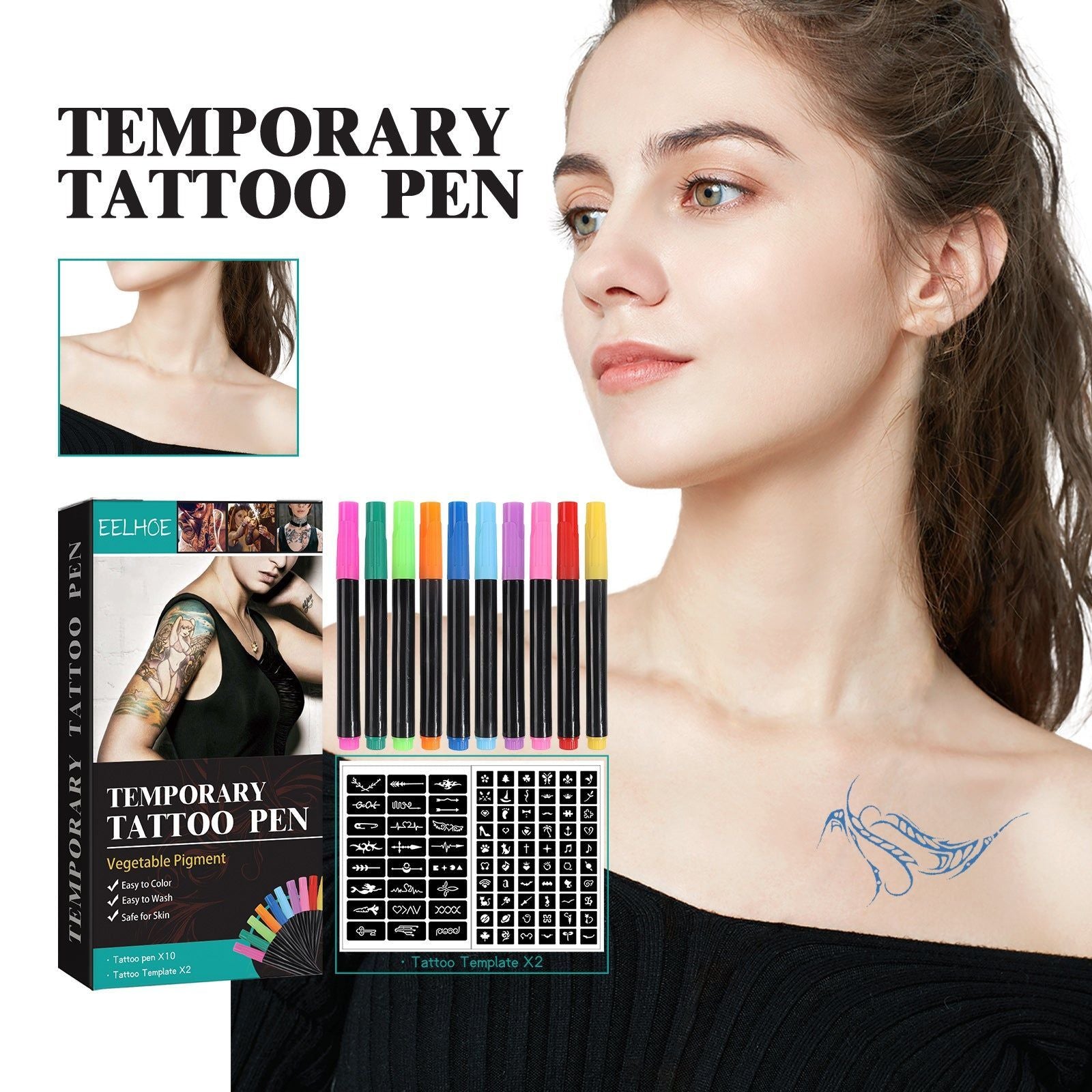 Body Markers for Temporary Tattoos, DIY Face Arm Body Art, Multi-Color Graffiti ,10 tattoo pens +2 tattoo templates