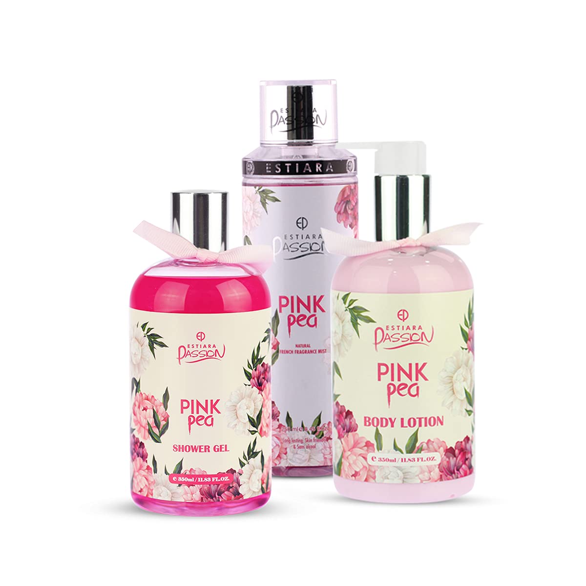 Estiara Passion Pink Pea Bath & Body 3 Piece Gift Set For Women (Body Lotion 350ml + Shower Gel 350ml + Fragrance Mist 250ml)