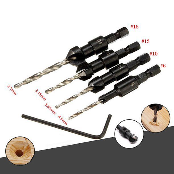 4pcs Wood Countersink Drill Bit Set Woodworking Chamfer Bit Hex Shank Screw Carpentry Tool