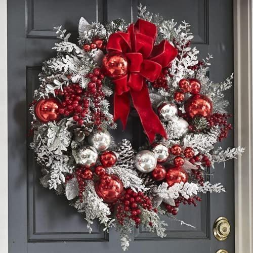 Front Door Christmas Wreath Red White Holiday Trim Exterior Outdoor Home Decoration