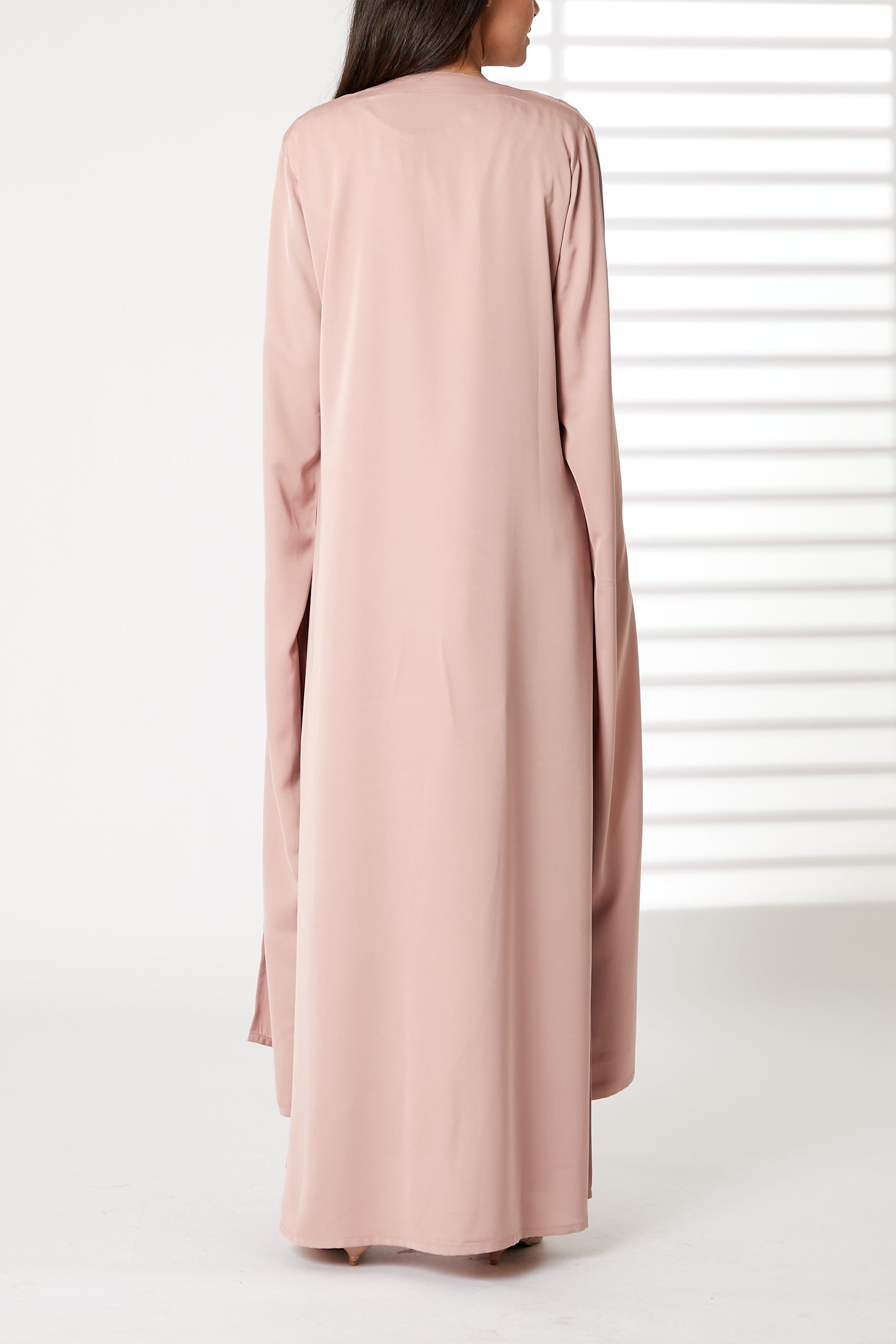 MOiSTREET Pink Round Neck Nida  Split Cuffs Embroidered Abaya