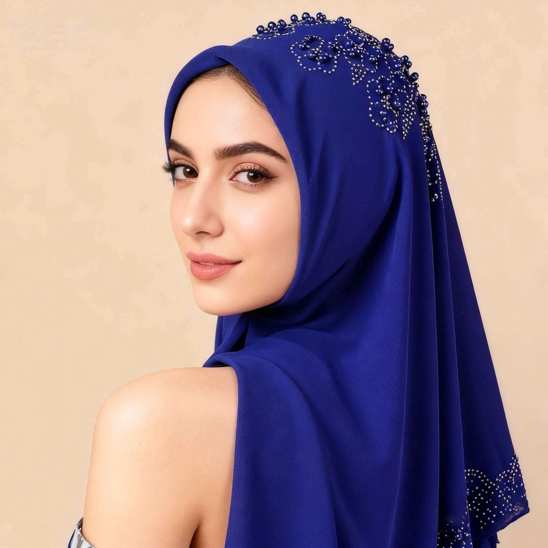 White Rhinestone Pearl Chiffon Hijab Scarf Square Head Wrap