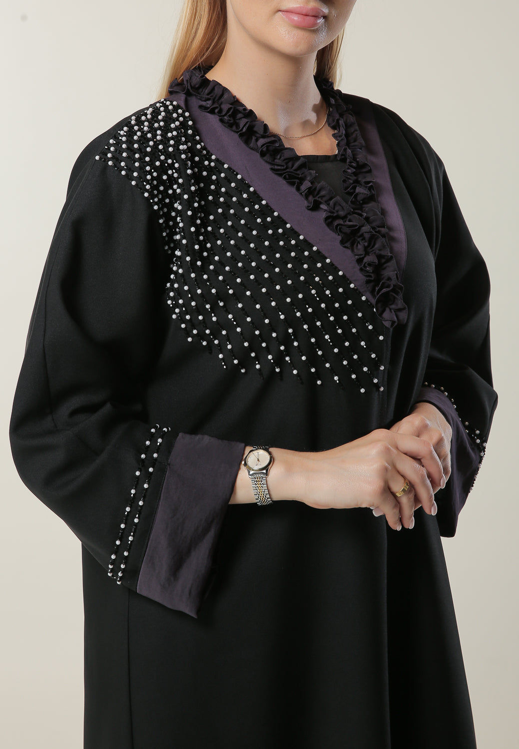 MOiSTREET Black Abaya with Pleated Collar and Hand Embroidery