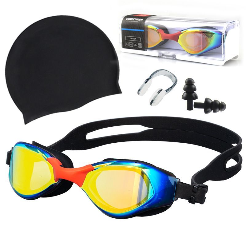 4Pcs Swim Goggles Set Anti Fog Adjustable Goggles Cap Earplug Nose Clip Set