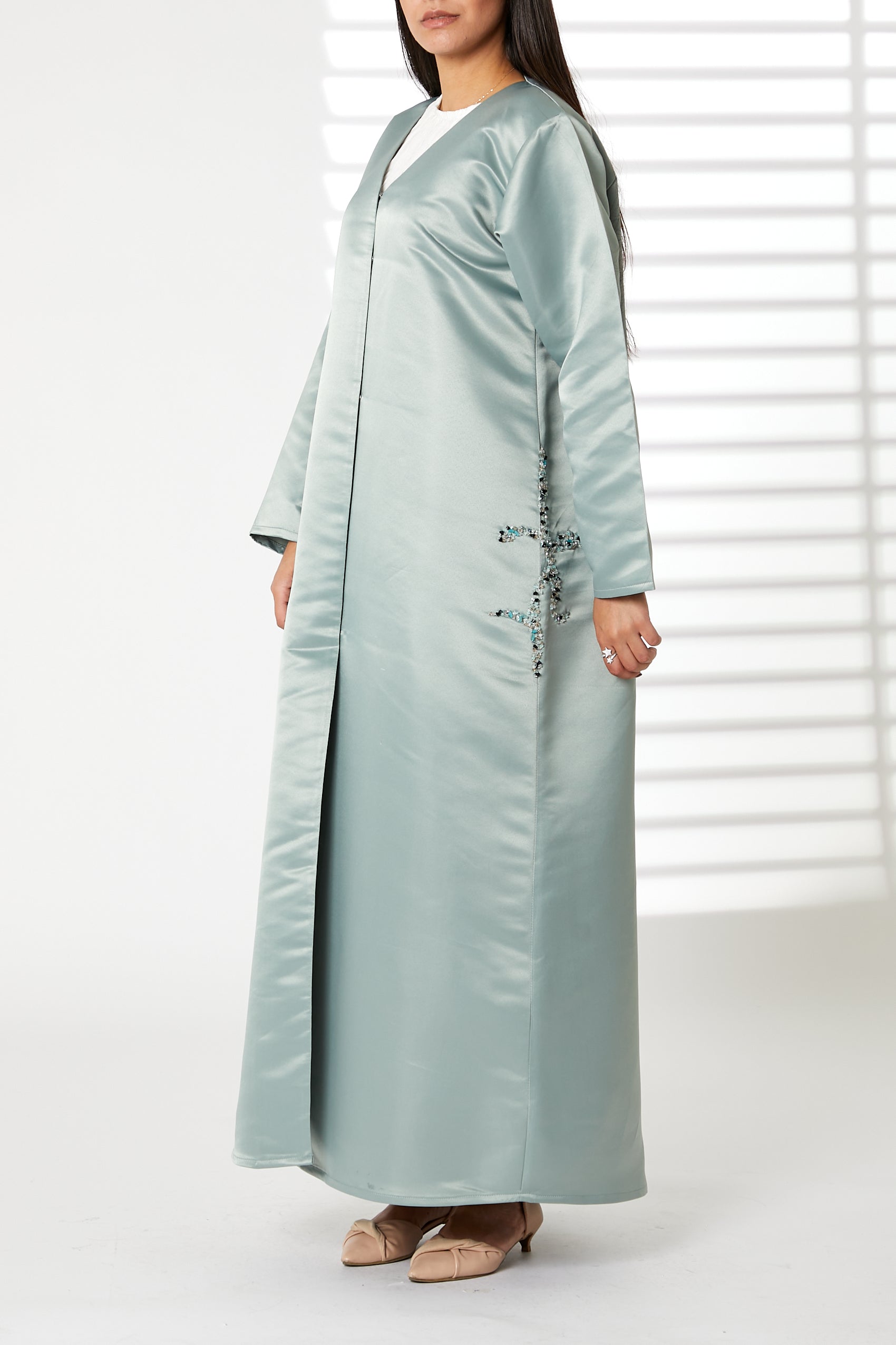 MOiSTREET Greenish Cyan Bridal Satin Embroidered Abaya
