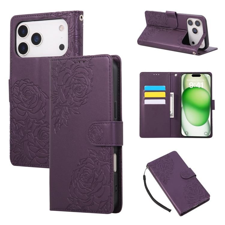 For iPhone 18 Pro Max / iPhone 17 Pro Max Rose Flower Embossed 3-Card Slots Leather Phone Case