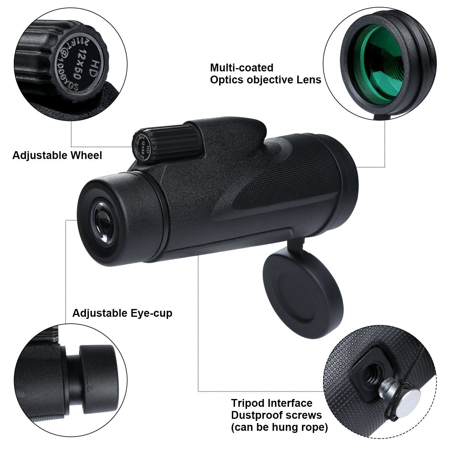 Monocular Scope Telescope Low Light Night Vision With Quick Smartphone Holder 12X50 HD
