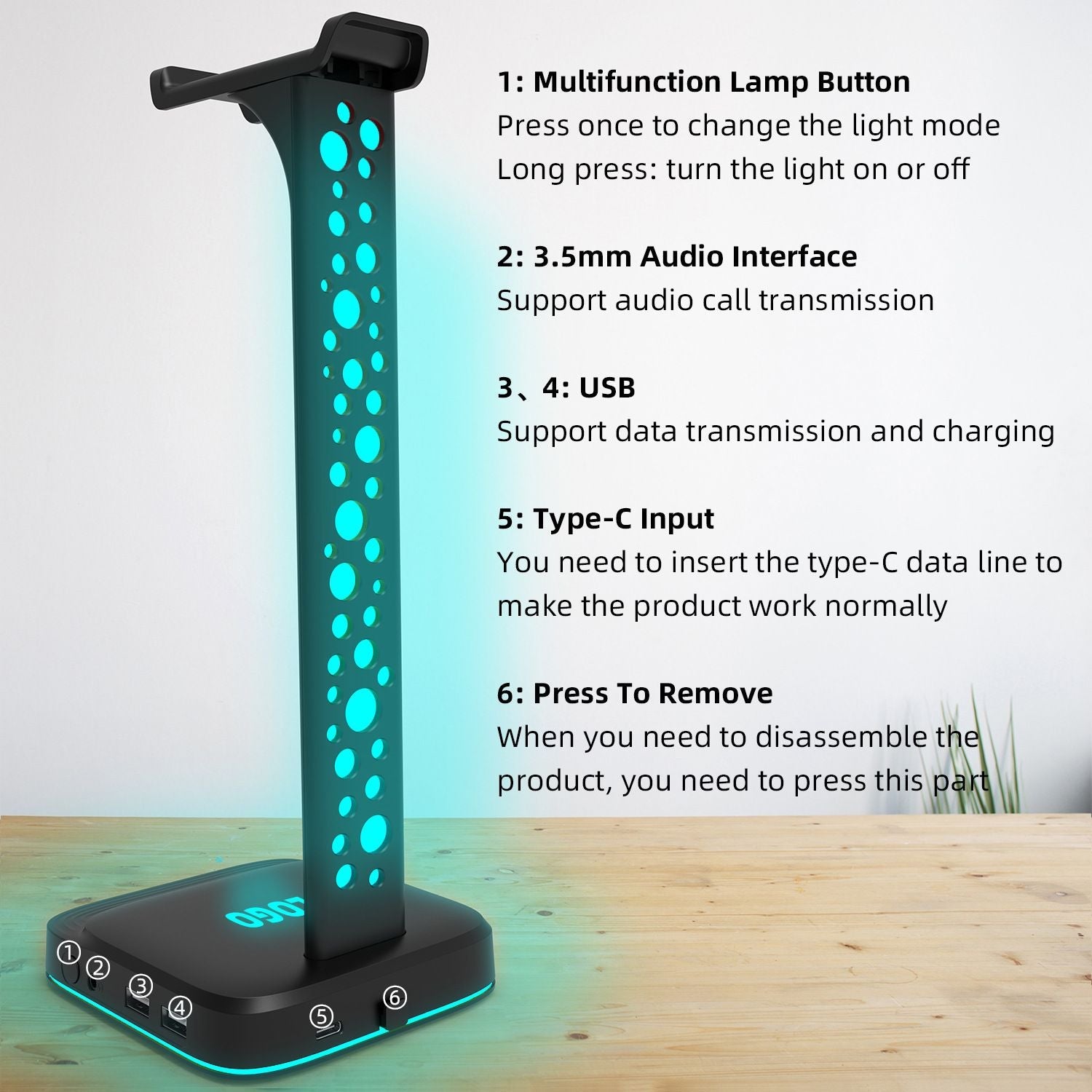 RGB Headphone Stand Gaming Headset Holder With 2 USB Charger And 3.5mm Port