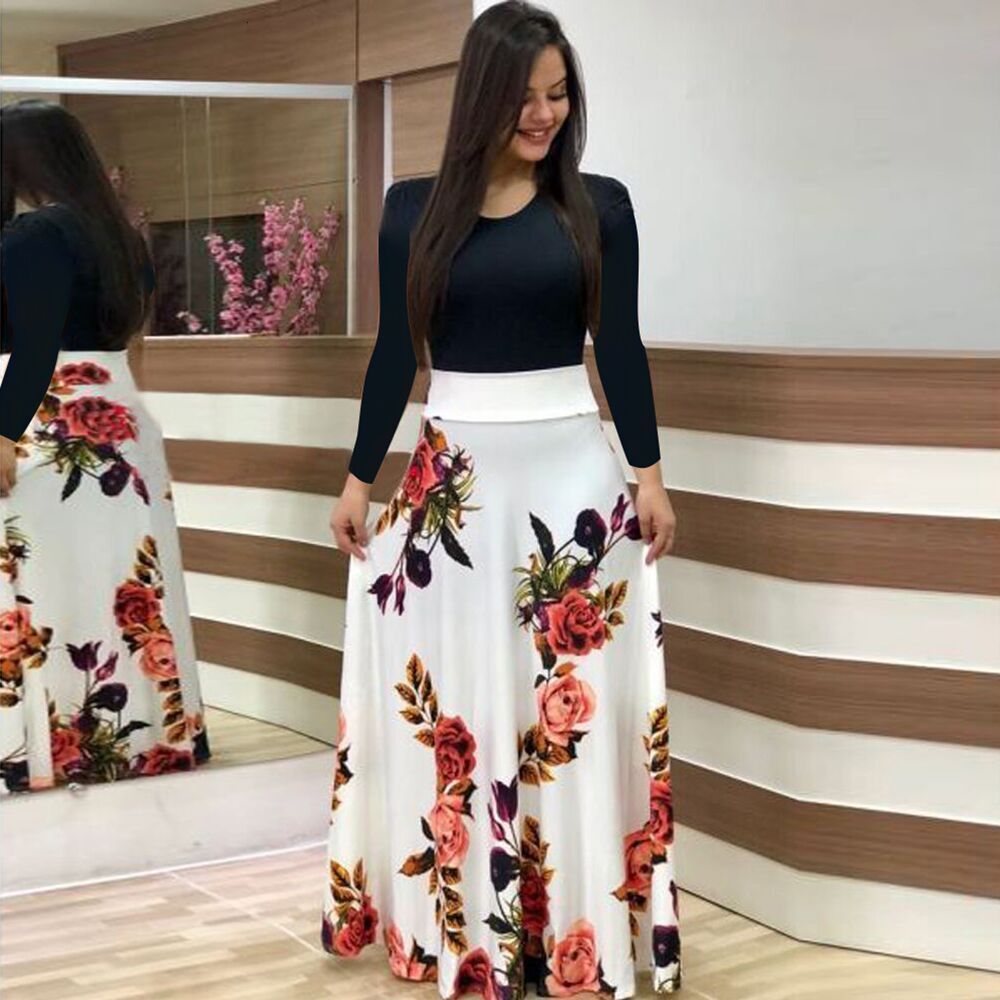 Spring And Summer Women's Floral Print Long-Sleeve Round Neck Long Dress