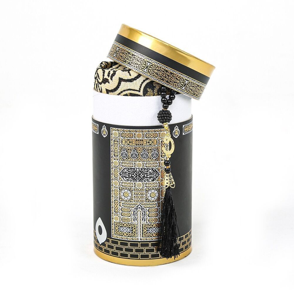 Gift Kaaba Prayer Rug With Cylinder Box , Set With Pearl Rosary