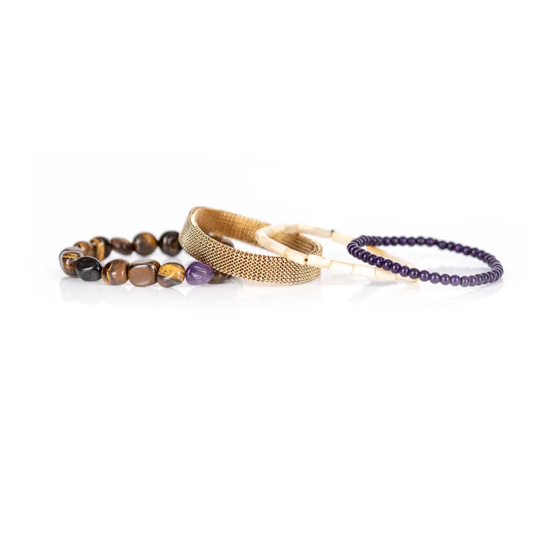 The Dark Amethyst Tiger Eye & Gold Mesh Bracelet Stack