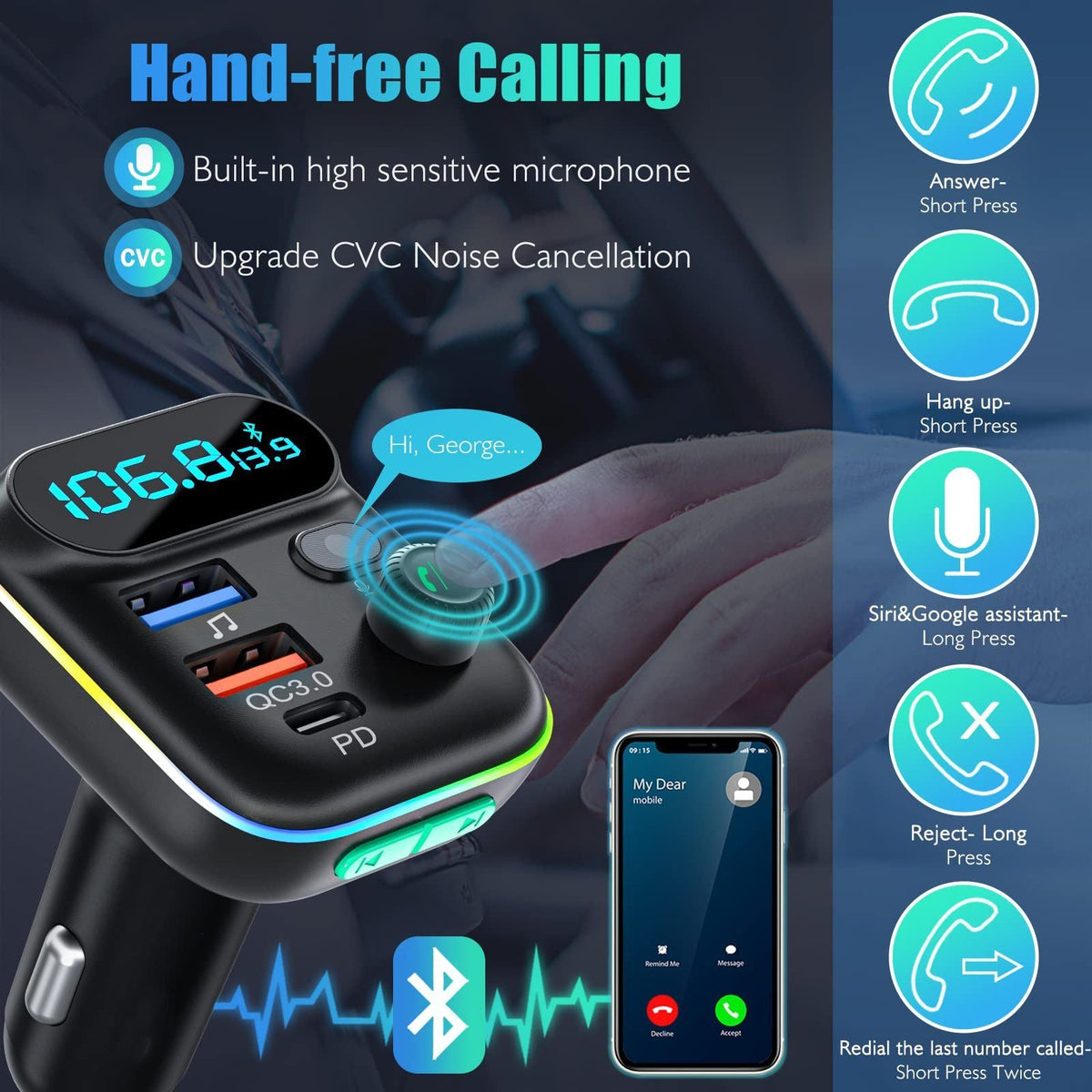 Car FM Transmitter Bluetooth Car MP3 Player Adapter Car Fast Charger With Mic