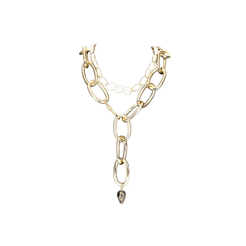 The Dark Gold Chain Necklace with Pearl Accent & Crystal Drop