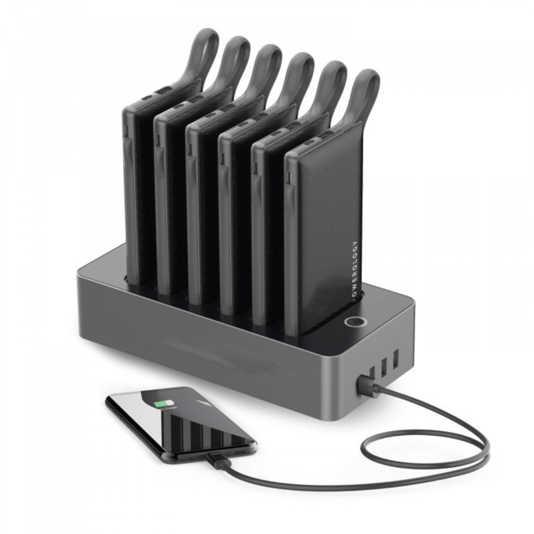 Powerology 6-in-1 10000mAh Power Bank Station with Built-in Lightning, Micro USB & Type-C Cables