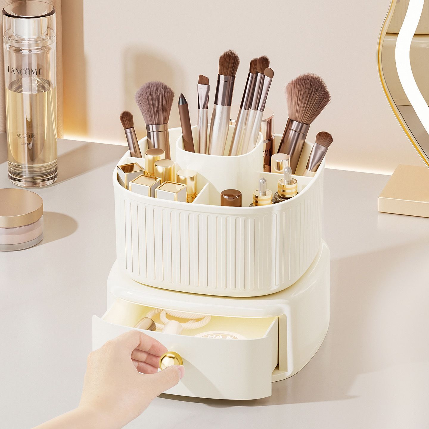 Rotatable Makeup Organizer Square Makeup Brush Holder With Drawer Display Case Jewelry Organizer