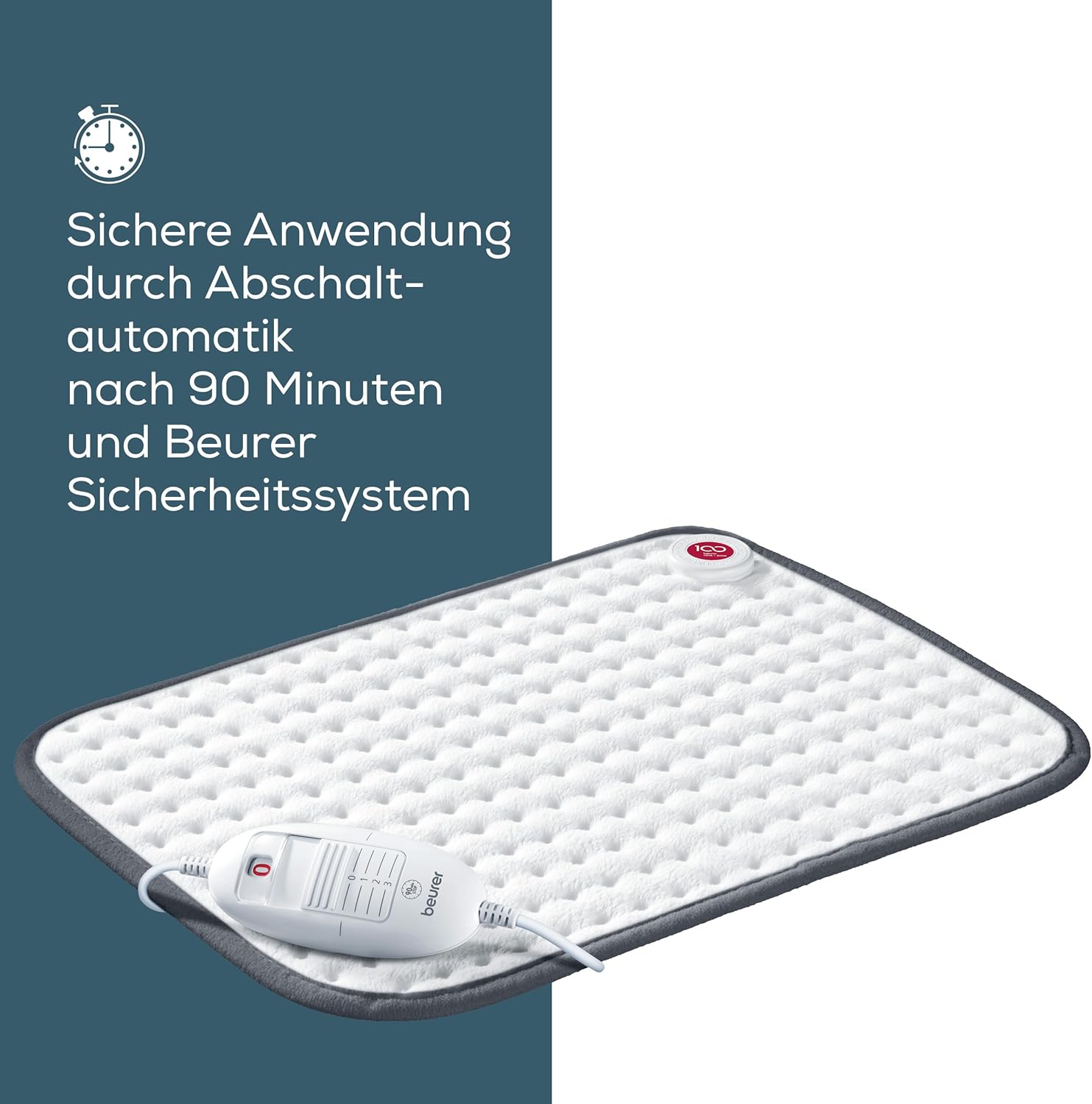 Beurer HK 41 Heat Pad, Super Fluffy Surface, 3 Temperature Levels, Auto Shut-off, Machine Washable, Made in Europe, White/Grey