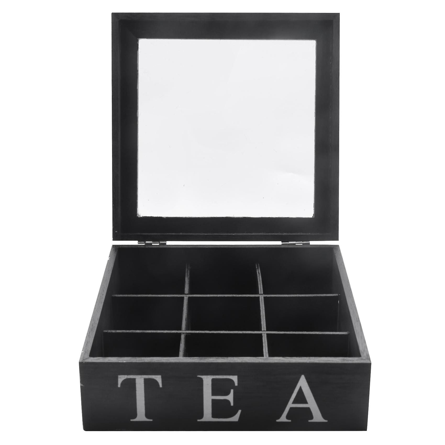 Wooden Tea Box With 9 Grid Storage And Transparent Lid