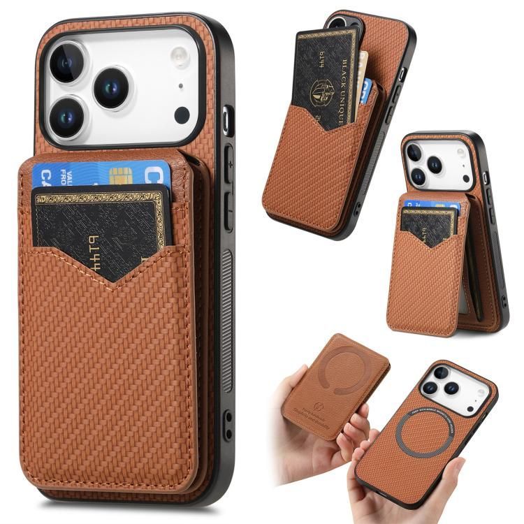 For iPhone 18 Pro Max / iPhone 17 Pro Max Carbon Fiber MagSafe Vertical Flip Card Bag Phone Case