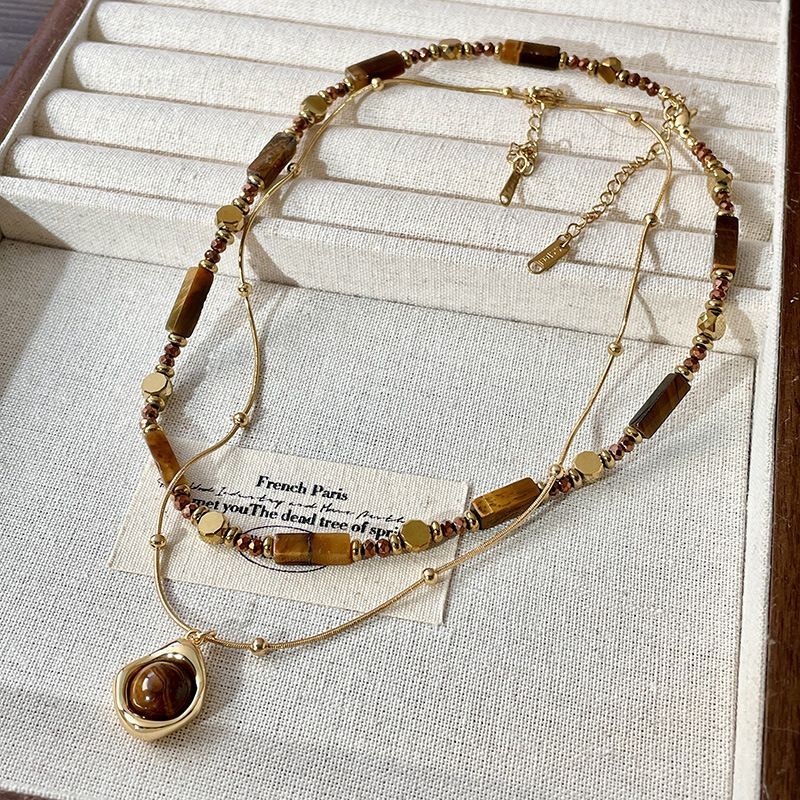 Double Layer Tiger Eye Butterfly Pendant Necklace for Women Adjustable Long Chain Layered Jewelry Gift