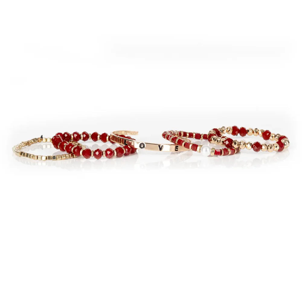 The Dark LOVE Red & Gold Beaded Bracelet Stack Pearl Charm Edition