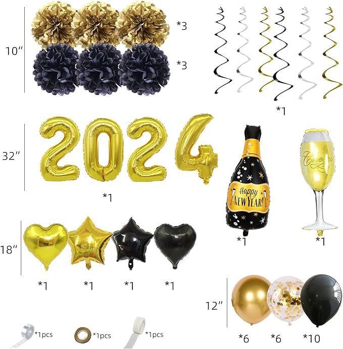 New Year Balloons Set Foil Balloons Party Celebration Decoration Supplies Set