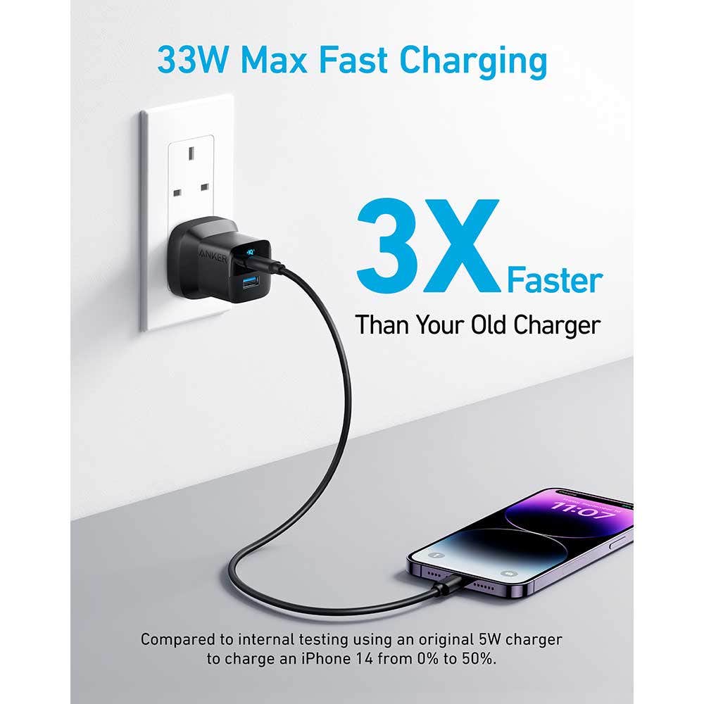 Anker 323 Dual-Port Fast Charger 33W, USB-C PD & USB-A PowerIQ, Black