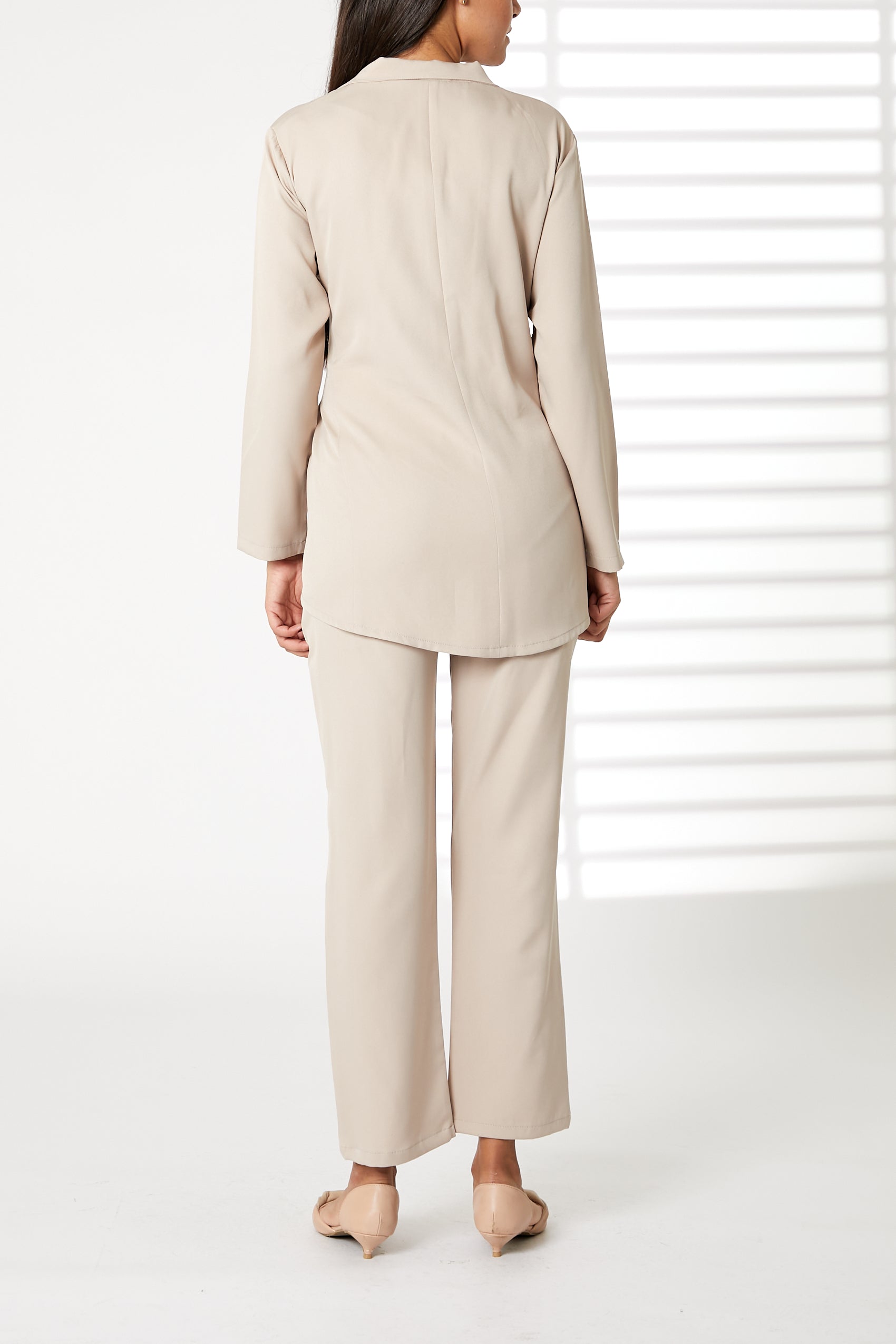 MOiSTREET Beige Barbie Crepe Fabric Blazer and Pants Set