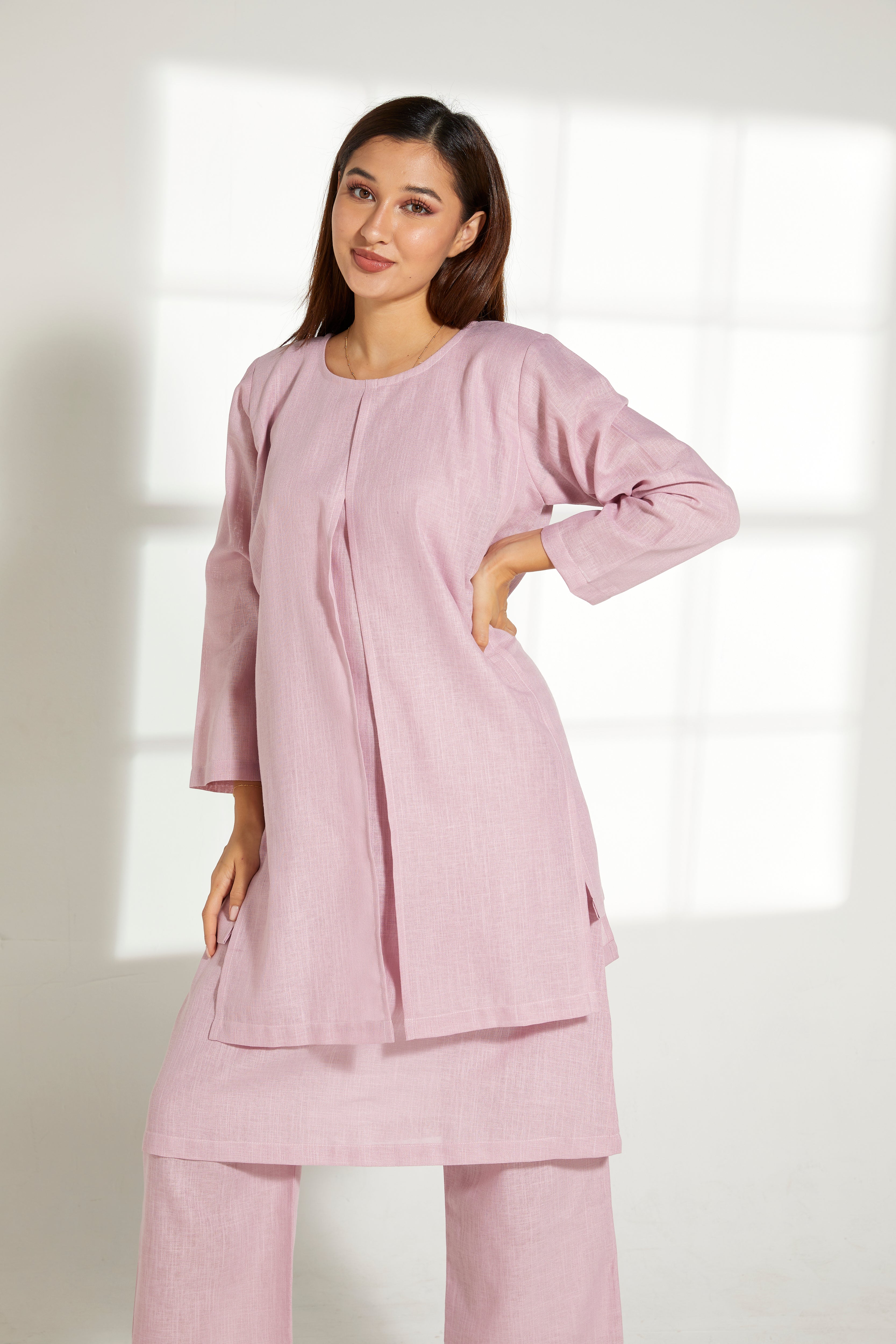 MOiSTREET Pink Linen Fabric Top and Pants Set