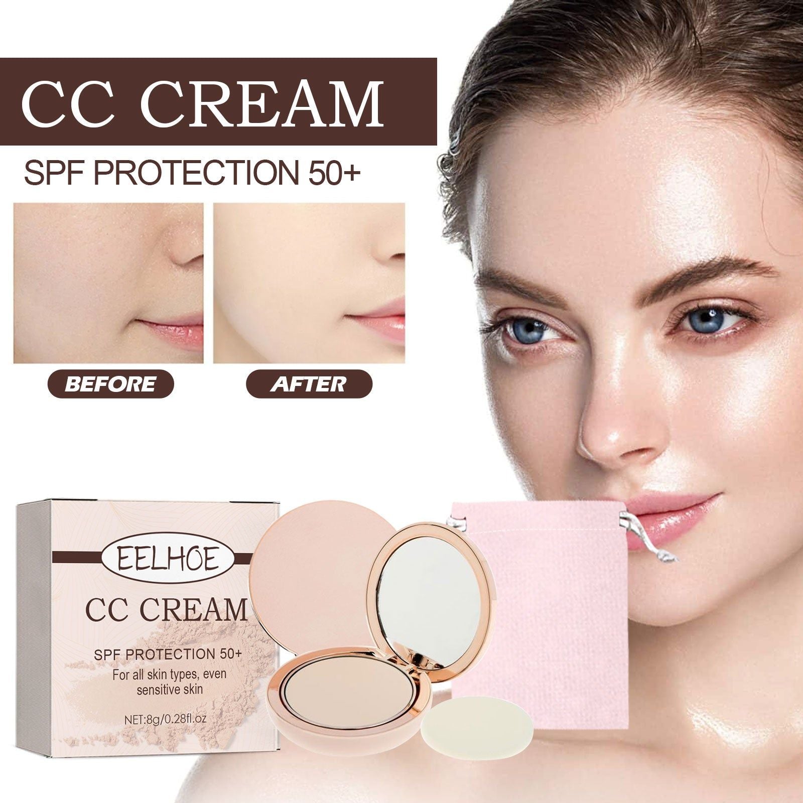 CC Cream Pressed Powder, Flawless HD Makeup, Skin Protection, Breathable, Long-lasting ,8g