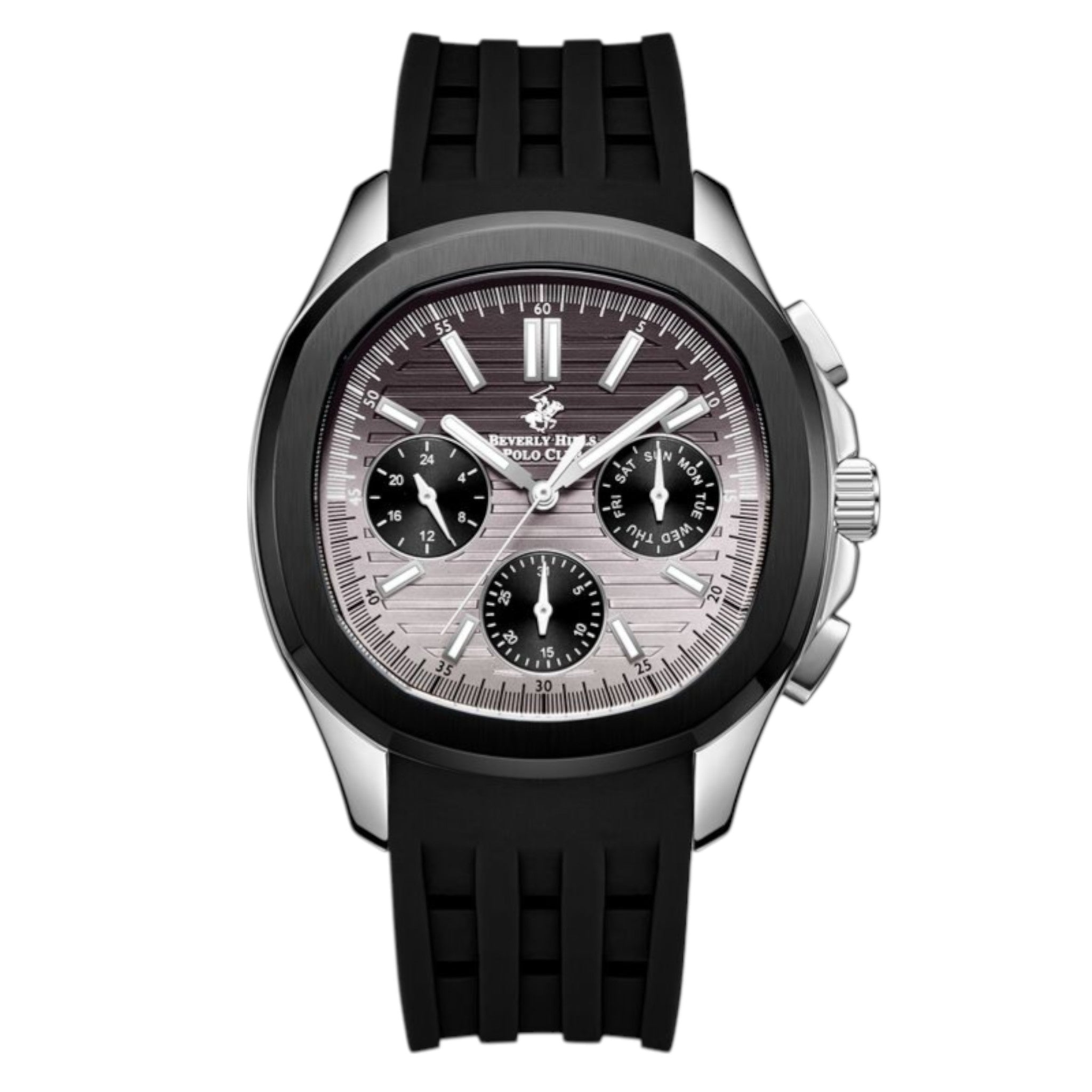 Beverly Hills Polo Club Men’s Analog Watch, 42mm Stainless Steel Case, Gray Dial, Rubber Strap, 50M Water Resistant, BP3211X.361