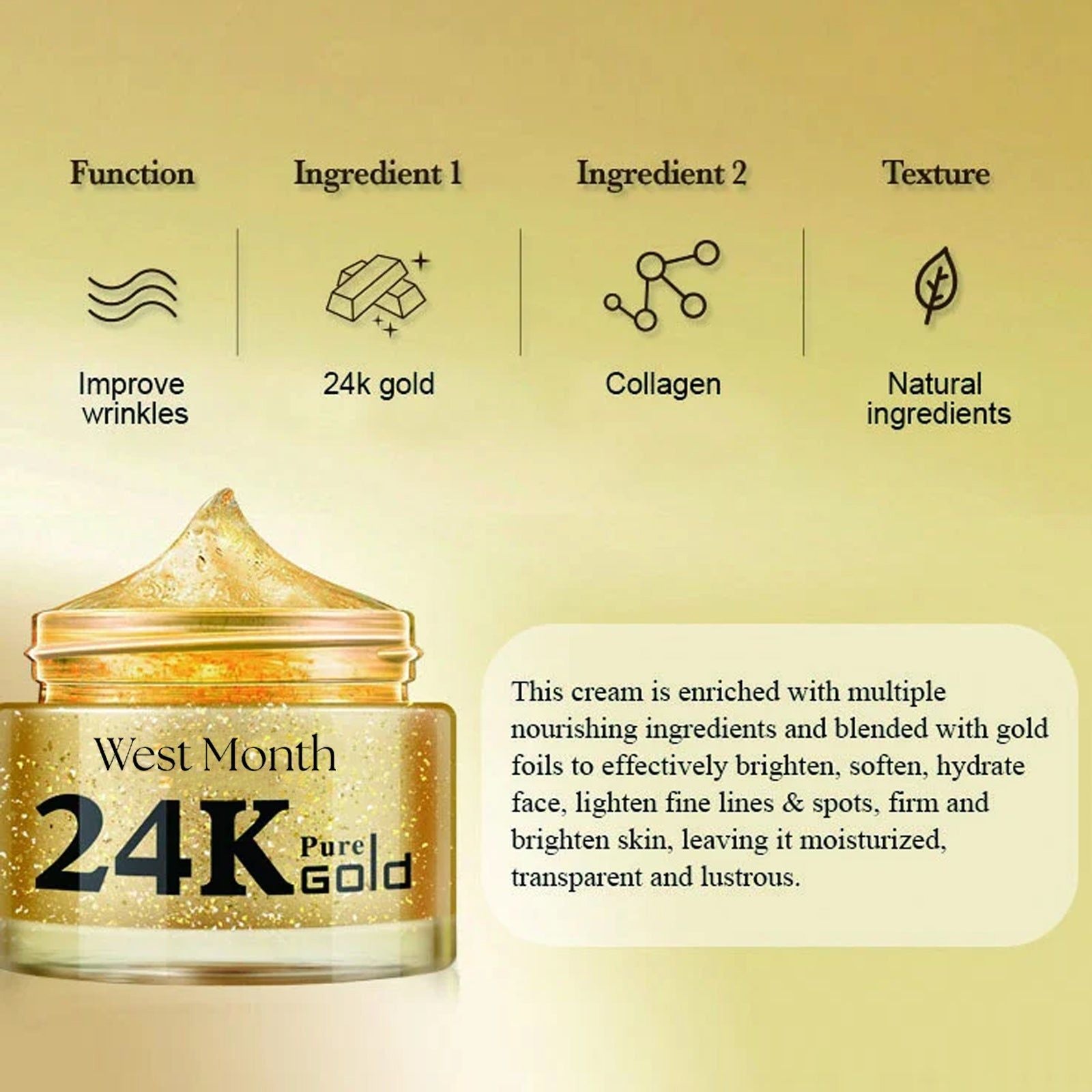 24k Gold Collagen Face Cream, Moisturizes, Tightens, Fades Fine Lines, Brightens Skin ,50ml
