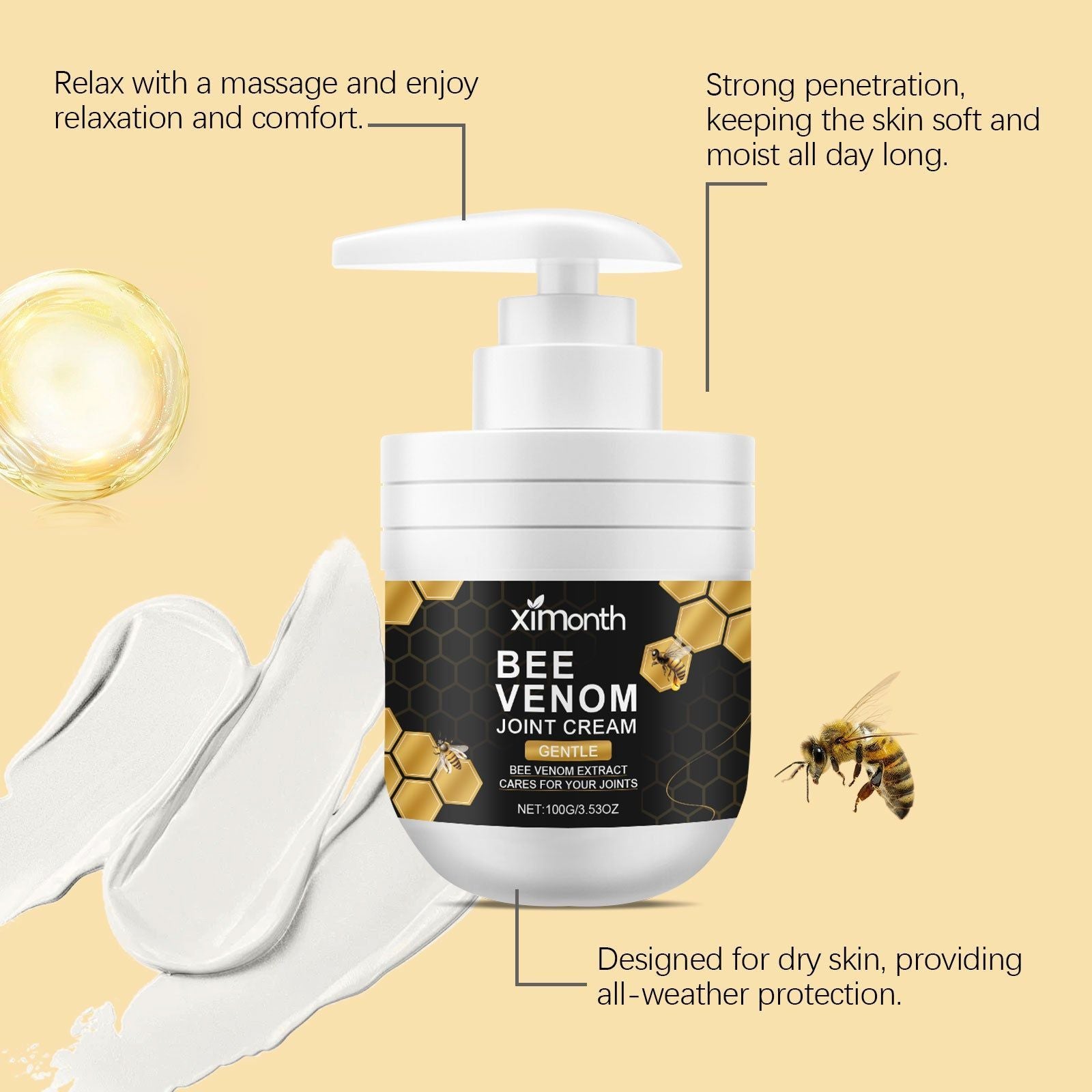 Bee Venom Hydrating Massage Cream, Moisturizes, Soothes Joints, Natural Skin Care ,100g