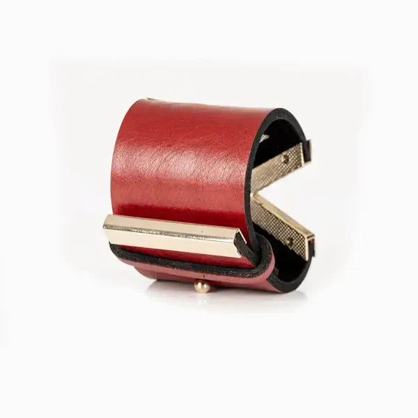The Dark Red Leather Cuff Bracelet with Bold Gold Chevron Design