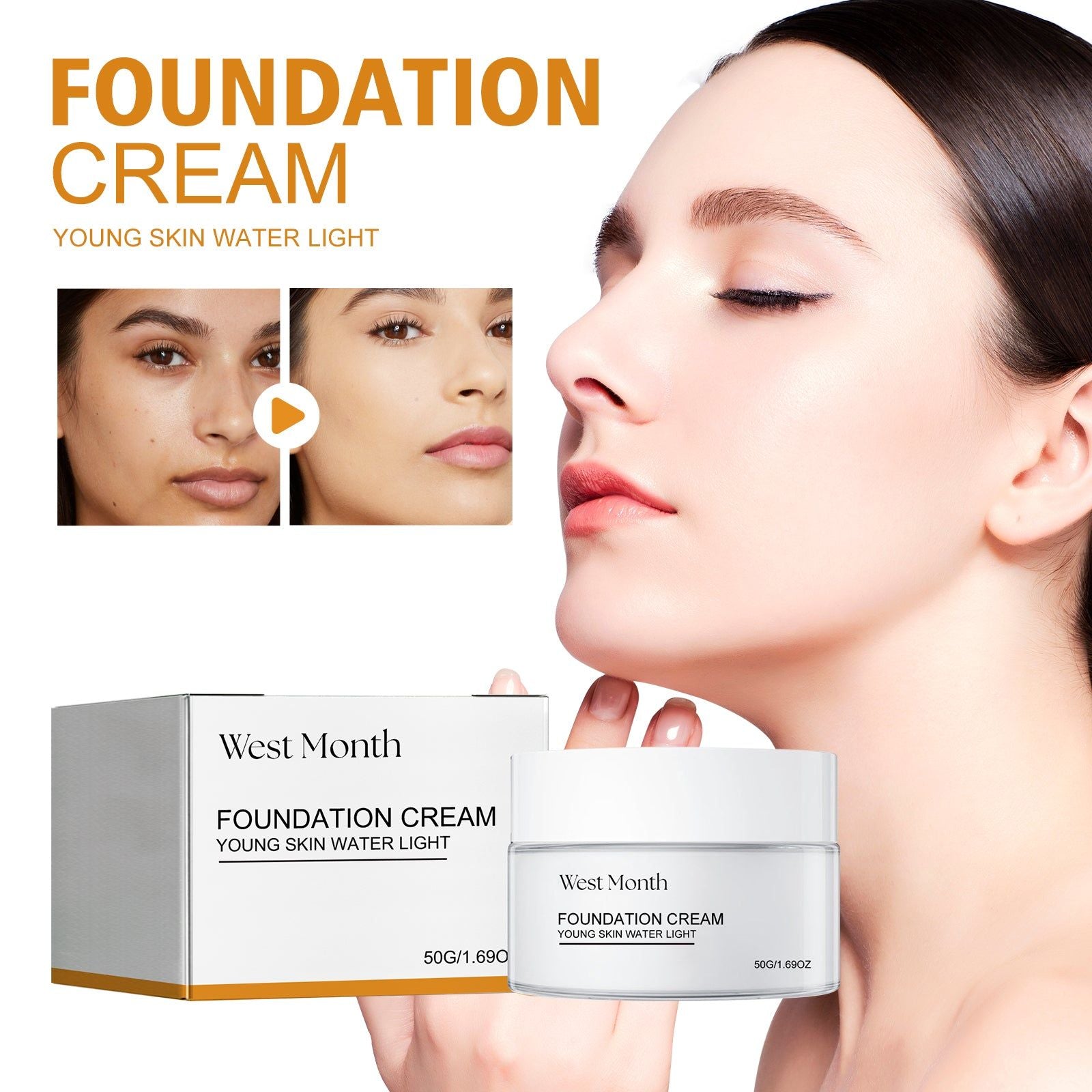 Brightening Foundation Cream, Lighten Skin Tone, Long-lasting Moisturizing Concealer ,50g