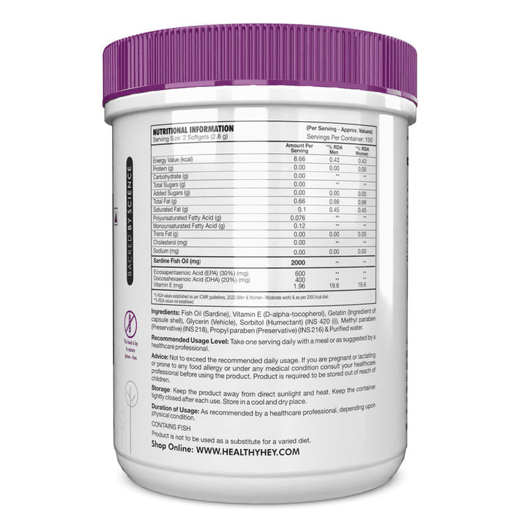 HealthyHey Omega 3 Fish Oil | Omega 3 Fish Oil Capsules For Women and Men - 300 Softgels (EPA 600 - DHA 400)