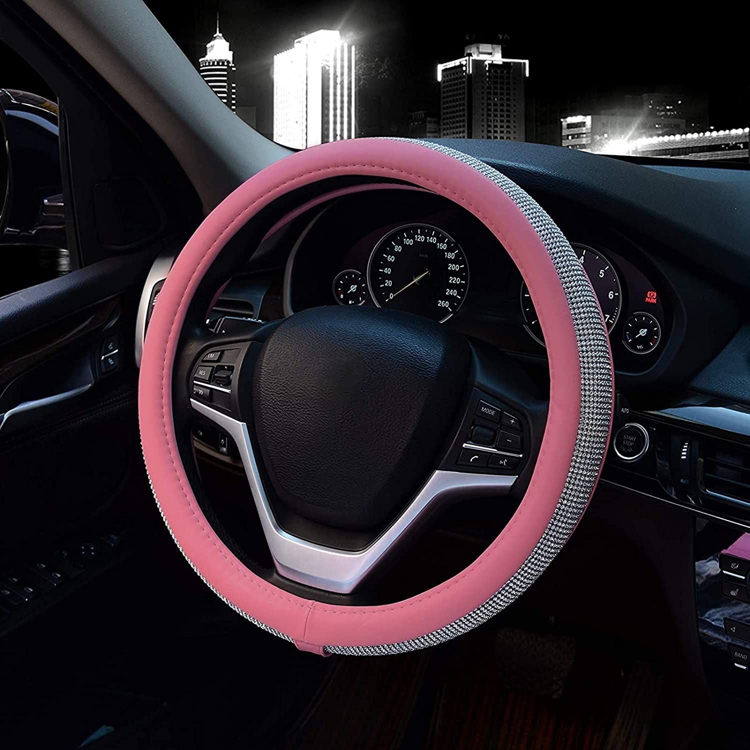 PU Leather Steering Wheel Cover Protector with Bling Crystal Rhinestones for 15 Inch
