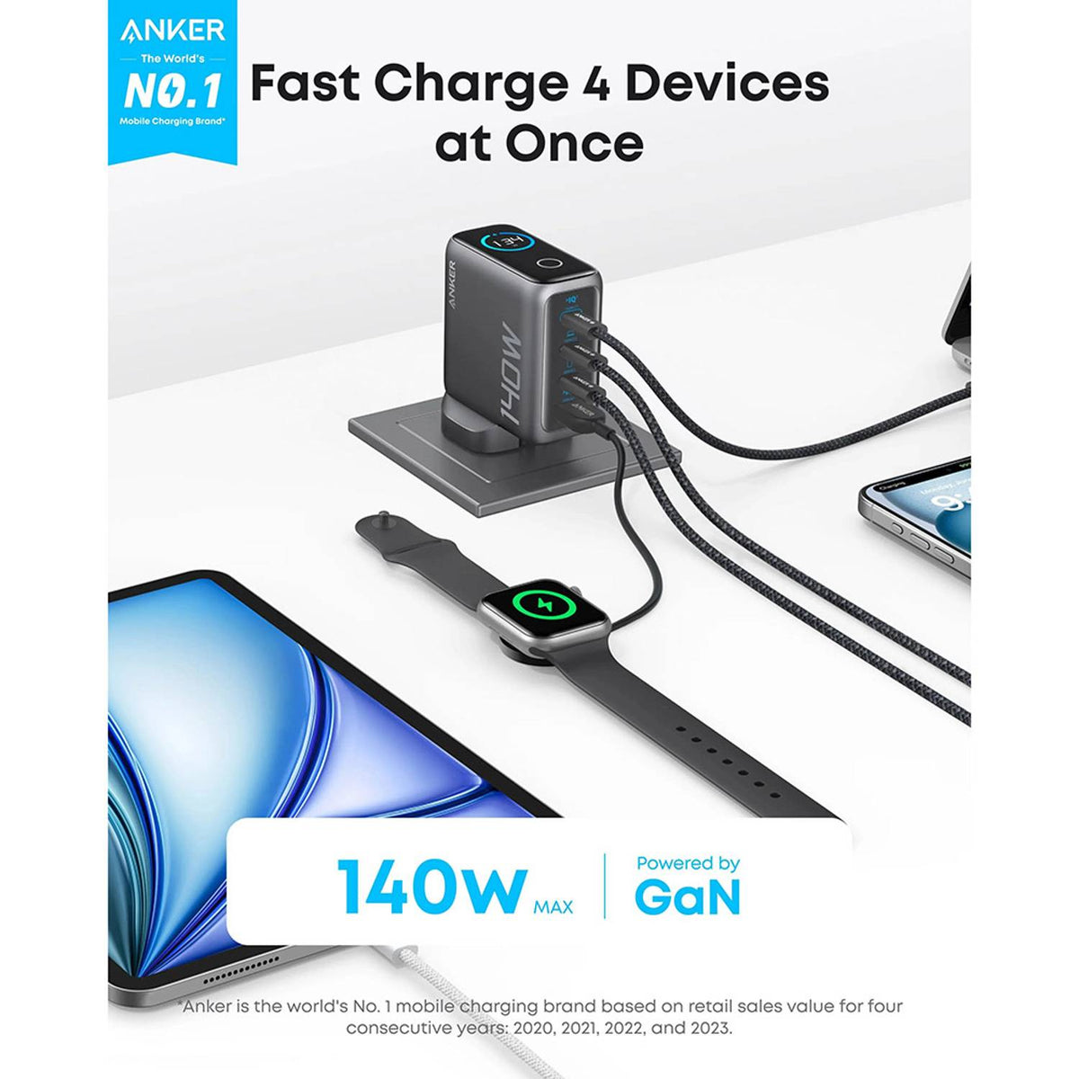 Anker 140W 4-Port PD 3.1 GaN Charger with Display, Dark Gray
