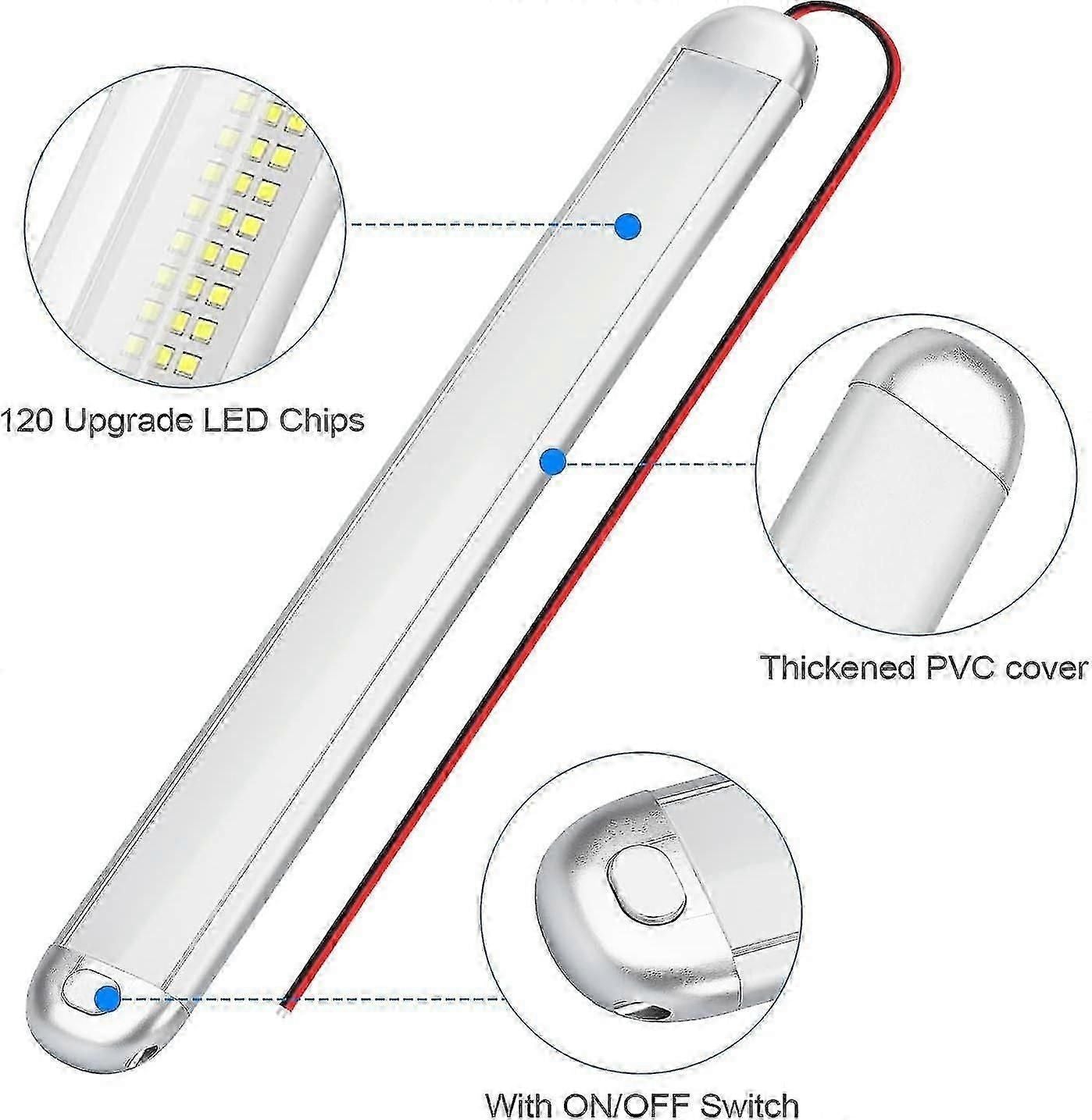 12V LED Strip Lights for Caravan Campervan - 2pcs 6000K Natural White Interior Lighting with On/Off Switch