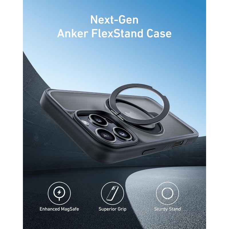 Anker iPhone 16 Magnetic Clear Case with 360° Ring Stand, Black