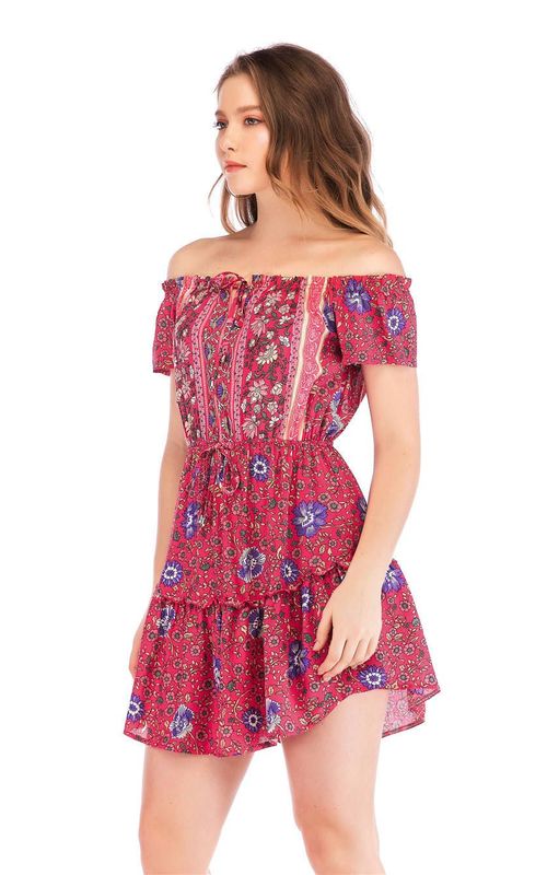 Floral Print Strapless Dress Off Shoulder Sexy Short Dress Women Vacation Beach Wear