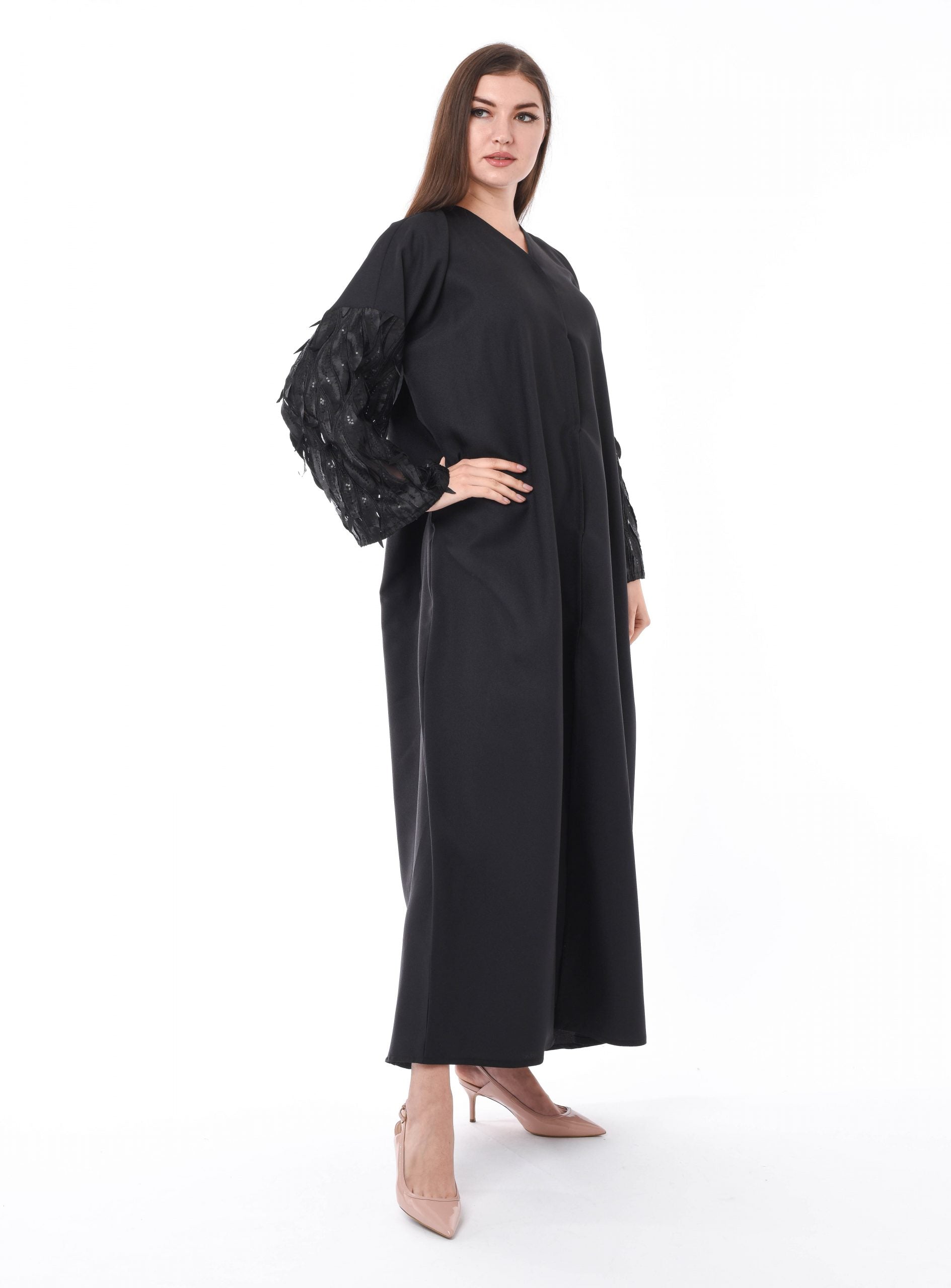MOiSTREET Black Designer Abaya with Hanging Leaves Sleeves