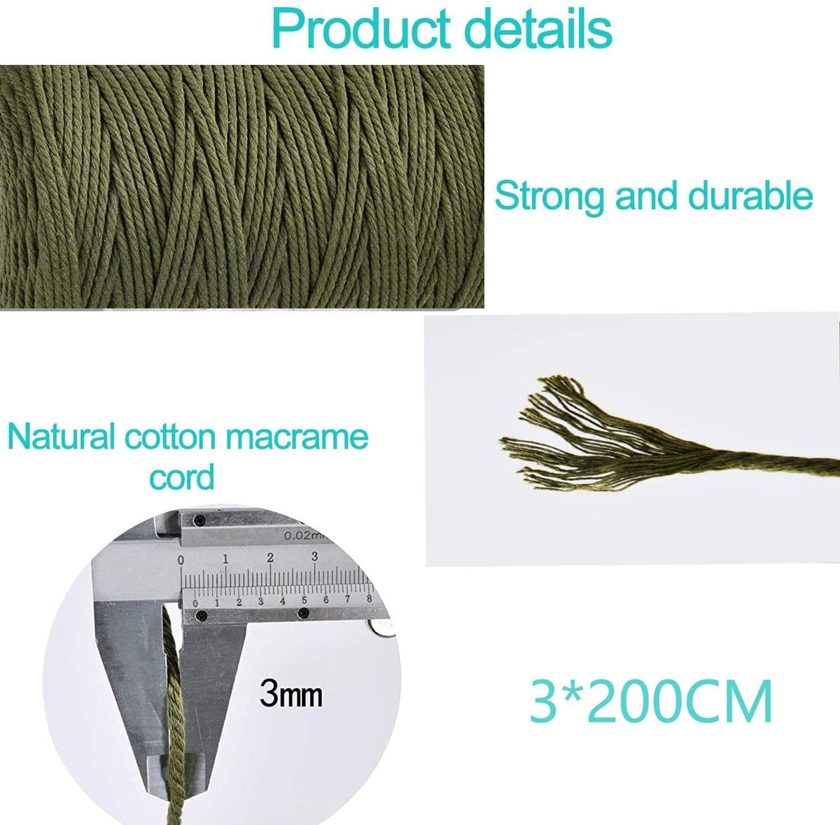 3 x 200 mm Cotton Cone Yarn Macrame Yarn Cotton Rope DIY Art Craft Knitting Tools