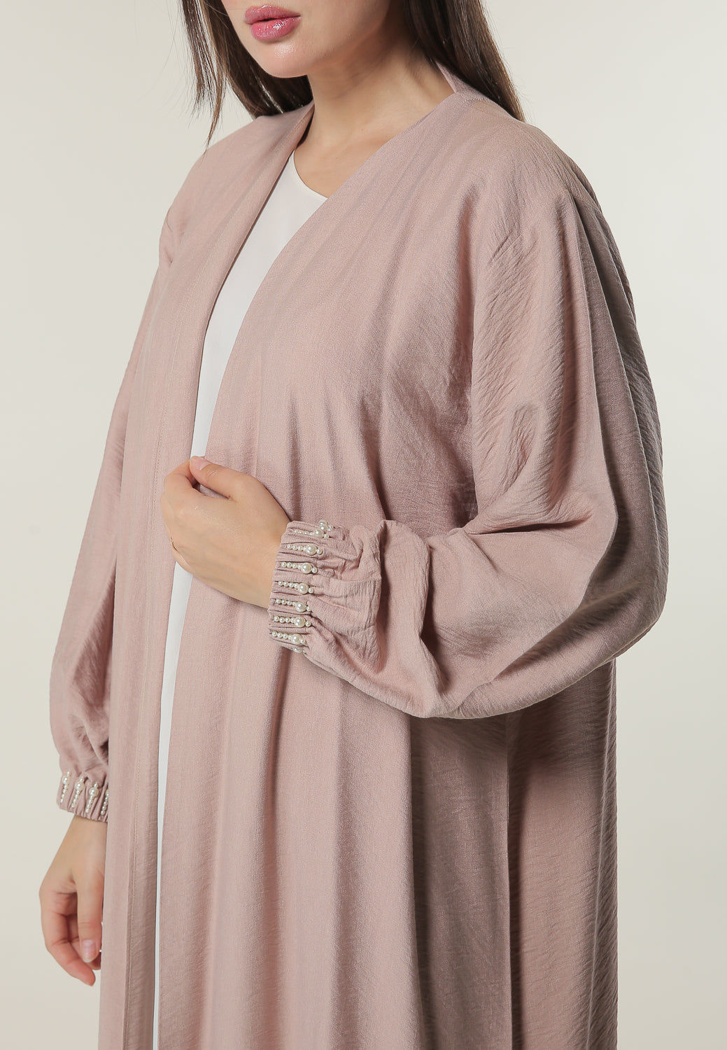 MOiSTREET Pink Abaya with Beadwork on Elasticated Sleeves