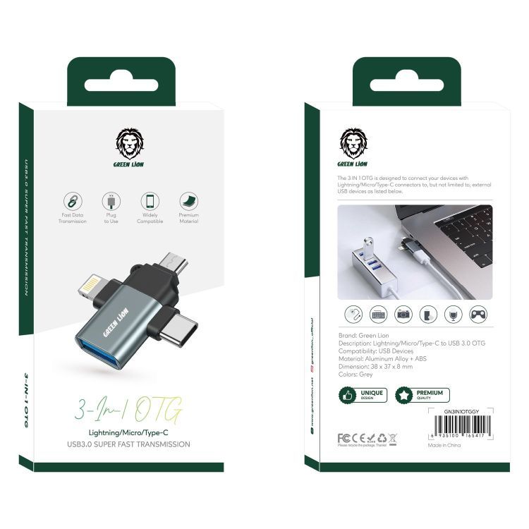 Green Lion 3-in-1 OTG Adapter (Lightning, Micro USB, Type-C) Fast Data Transfer, Gray