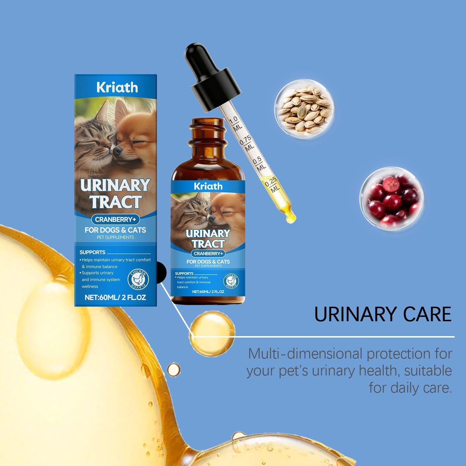 Pet Care Urinary Support Drops for Cats Dogs, Gentle, Nourishing, Easy to Use ,60ml