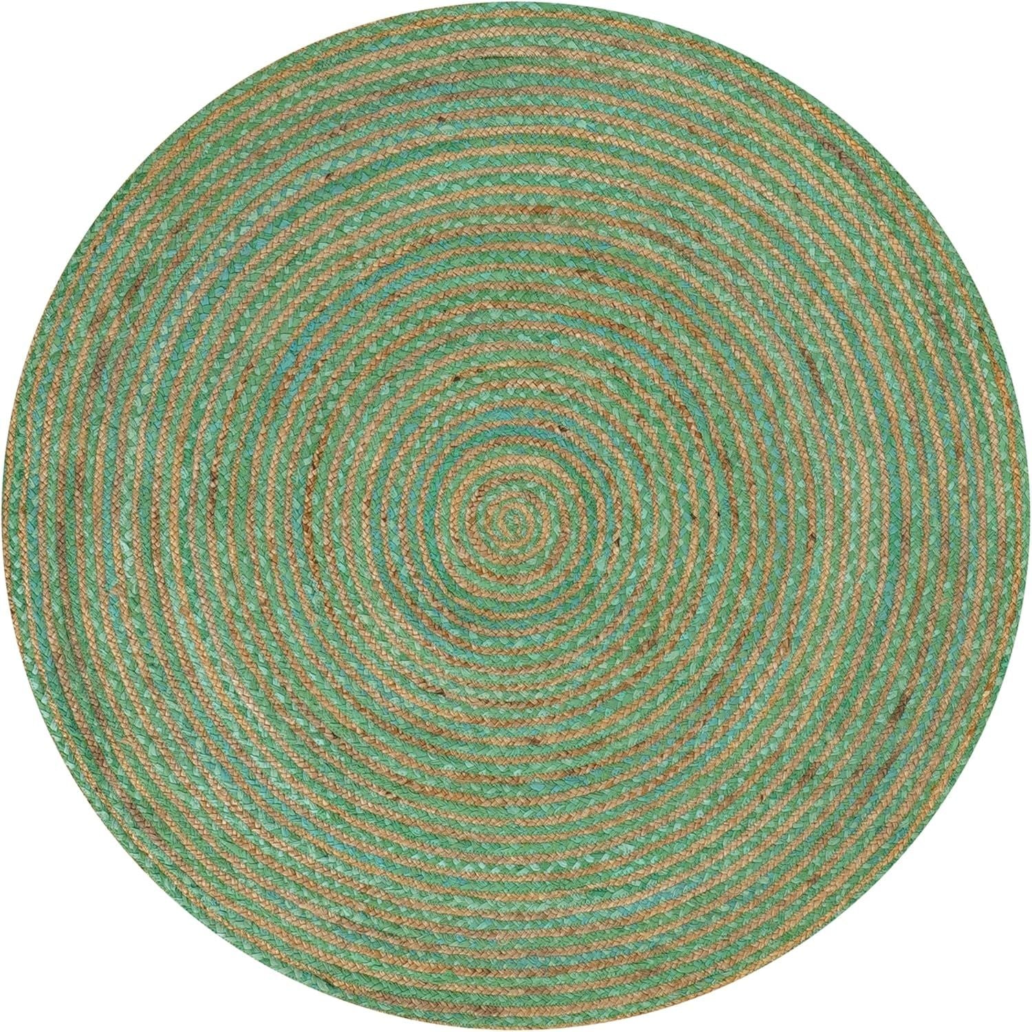 Green Jute Round Rug Spiral Pattern | Handwoven Natural Fiber Area Rug Carpet
