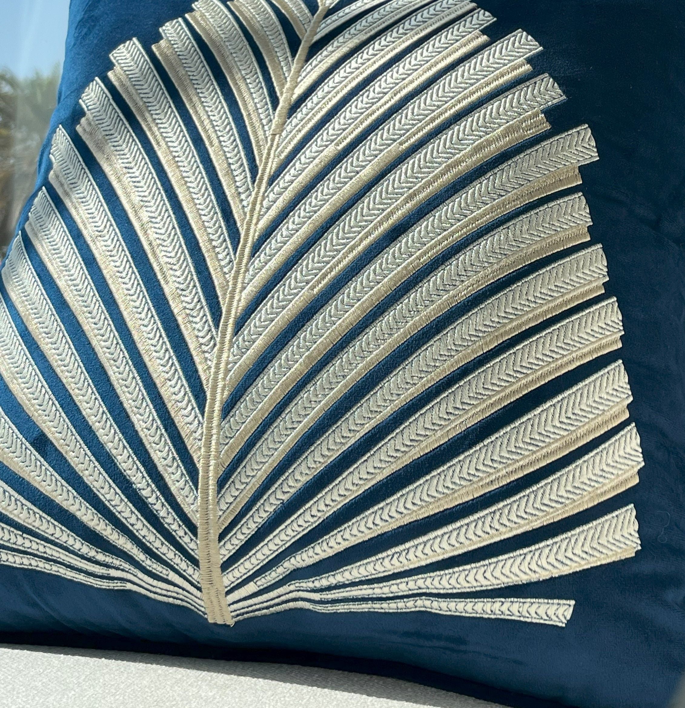 Embroidered Blue Velvet Decorative Cushion Cover