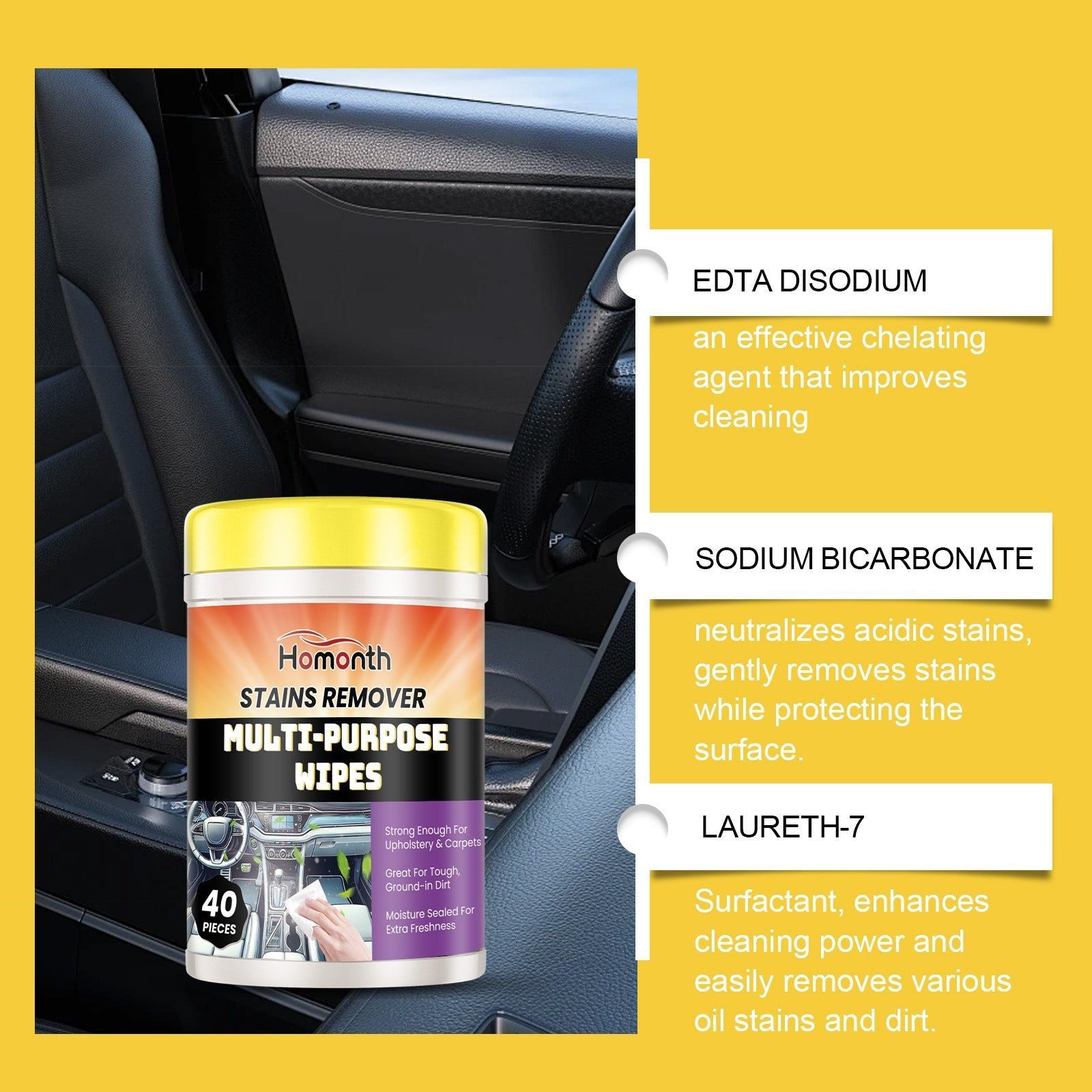 Decontamination Portable Wipes, Car Interior Deep Clean, Stain & Oil Remover ,40pieces