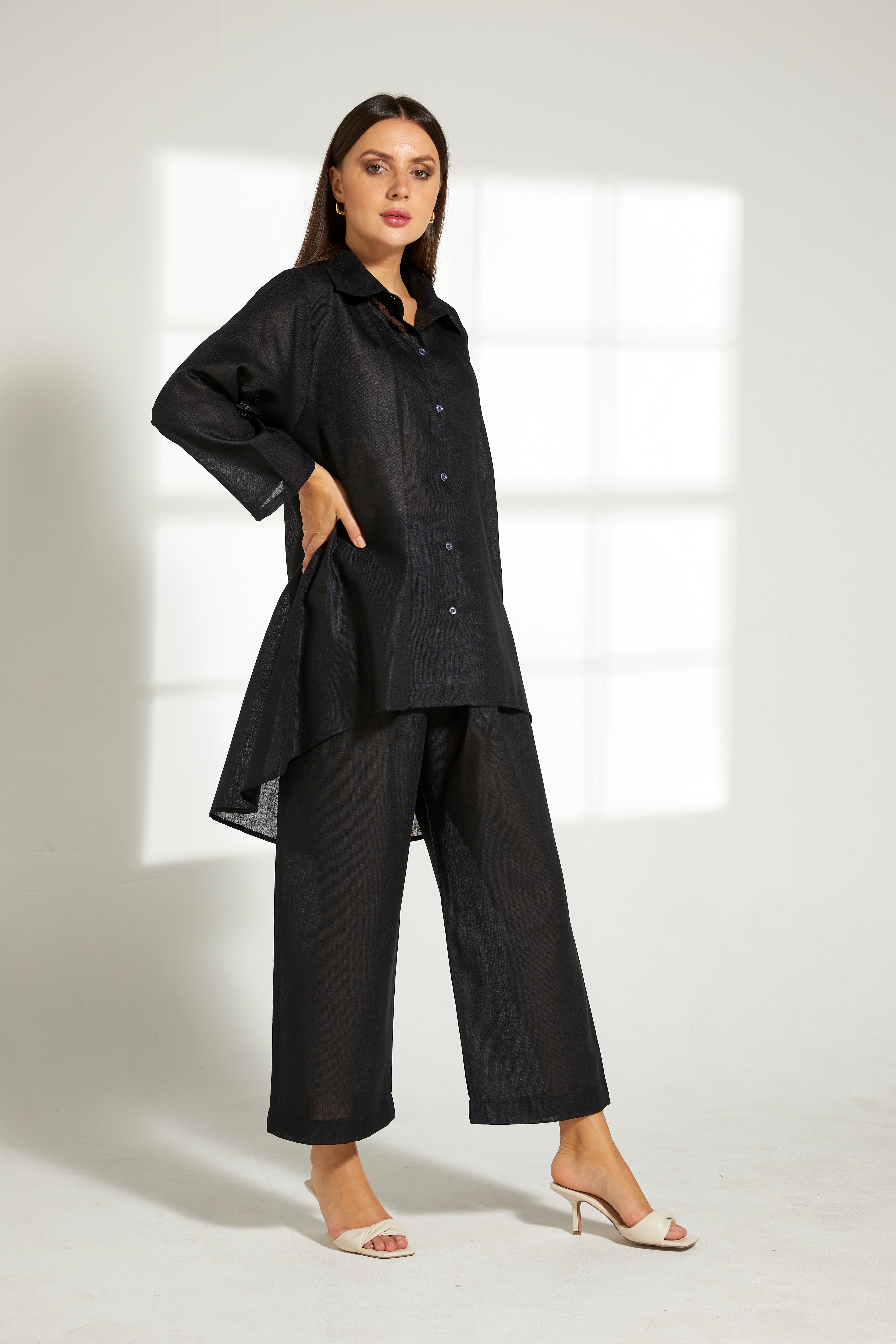 MOiSTREET Black Linen Fabric Top and Pants Set